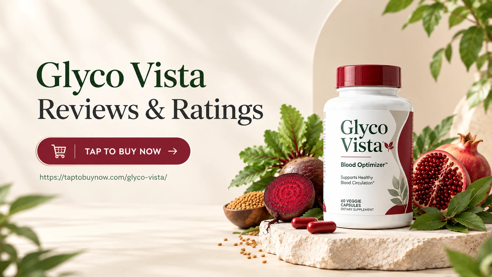 Glyco Vista Blood Optimizer bottle with beetroot and pomegranate ingredients